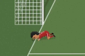 8 bit graphic of Robbie Fowler goal celebration sniffing the line